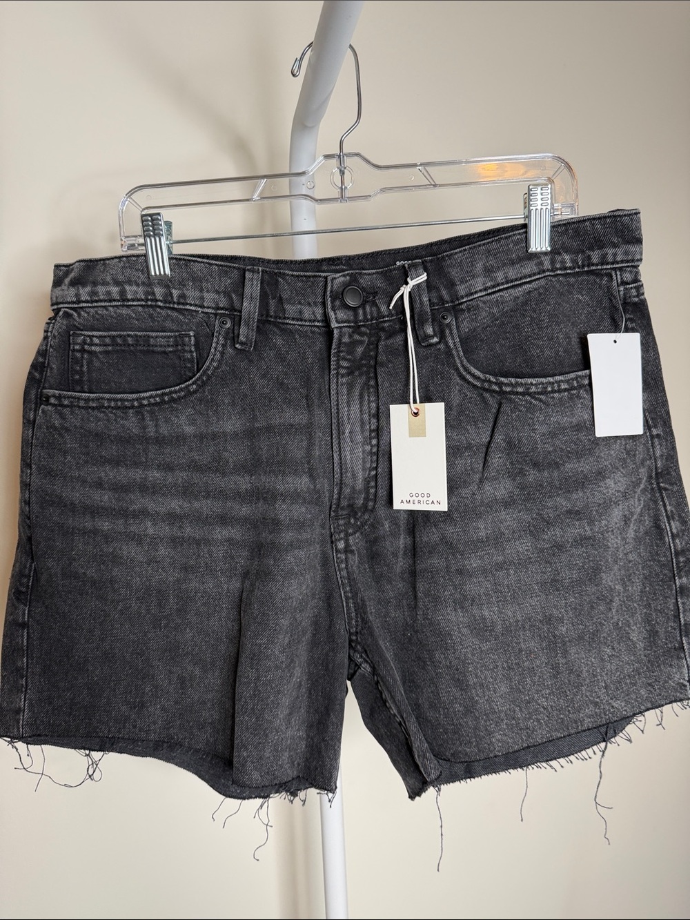 Good American Black Washed Denim Cutoff Shorts